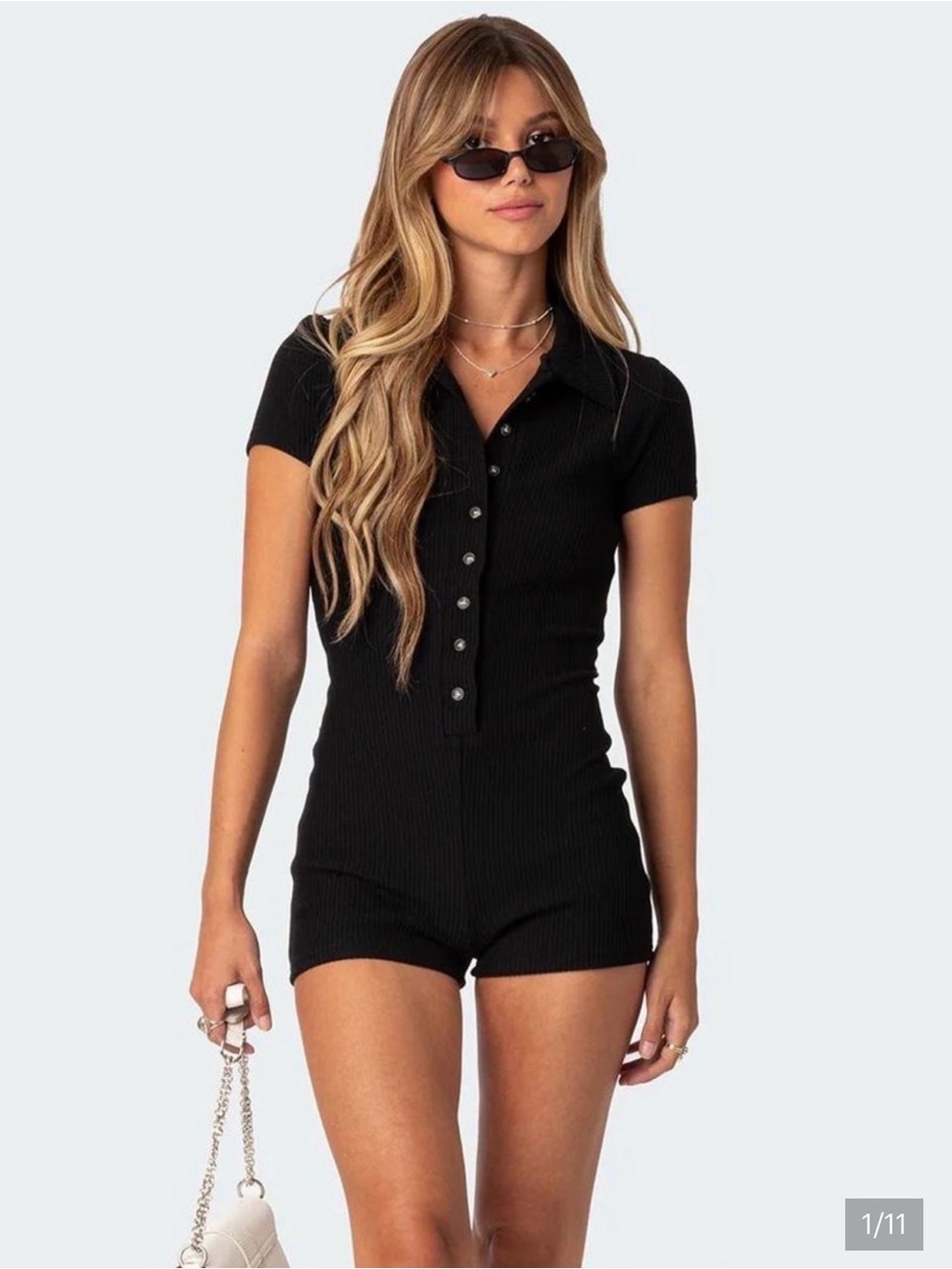 Edikted Black Ribbed Button-Front Short Sleeve Romper